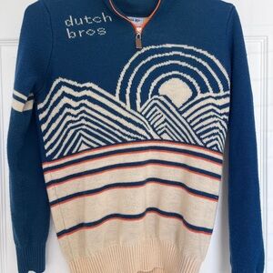 Dutch Bros Blue and Cream Zip-Up Sweater